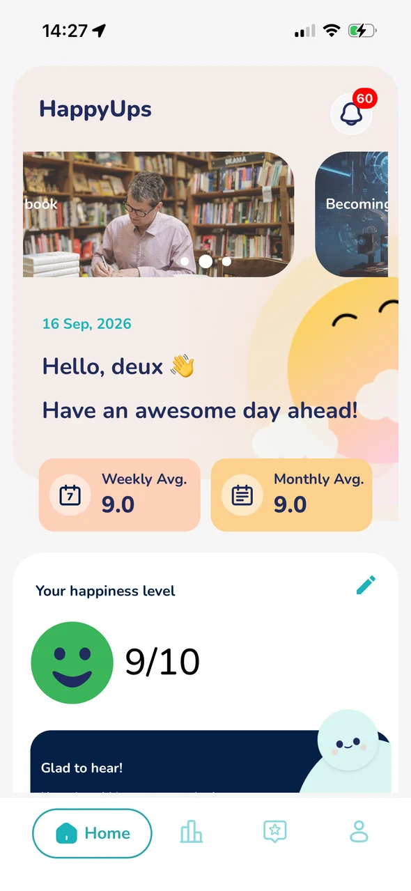 HappyUps app home screen with a 9/10 happiness level