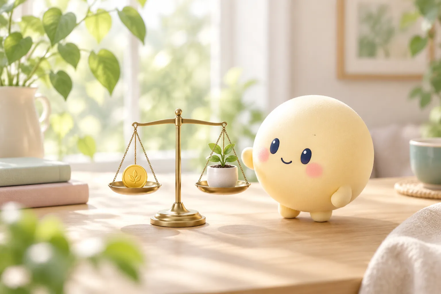 Appy balancing a small coin on one side of a wooden scale and a tiny potted plant on the other
