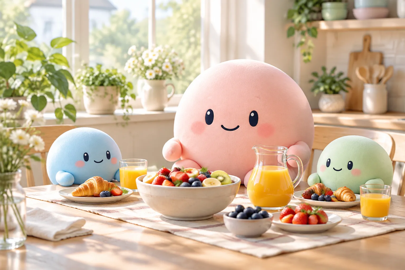 Appy sharing breakfast with two smaller friends at a bright kitchen table