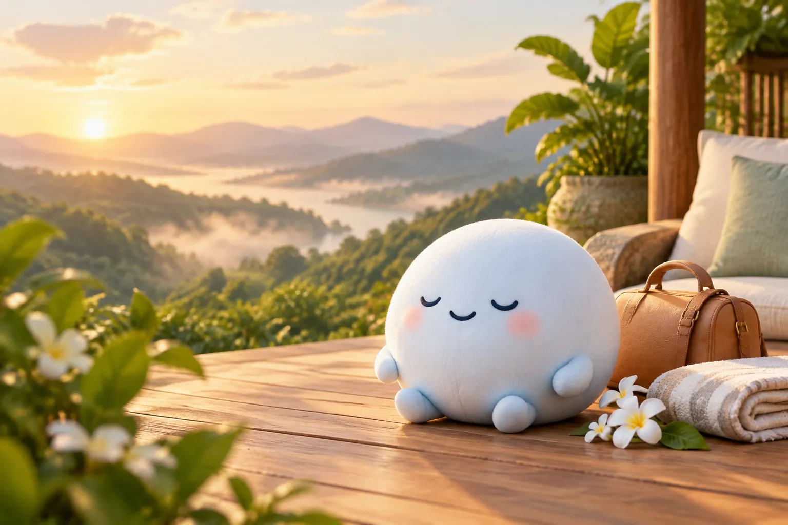 Appy resting on a terrace overlooking green hills at golden hour with a small travel bag beside it