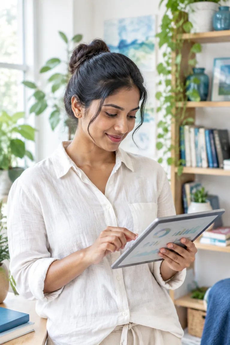 A researcher studying colourful charts on a tablet