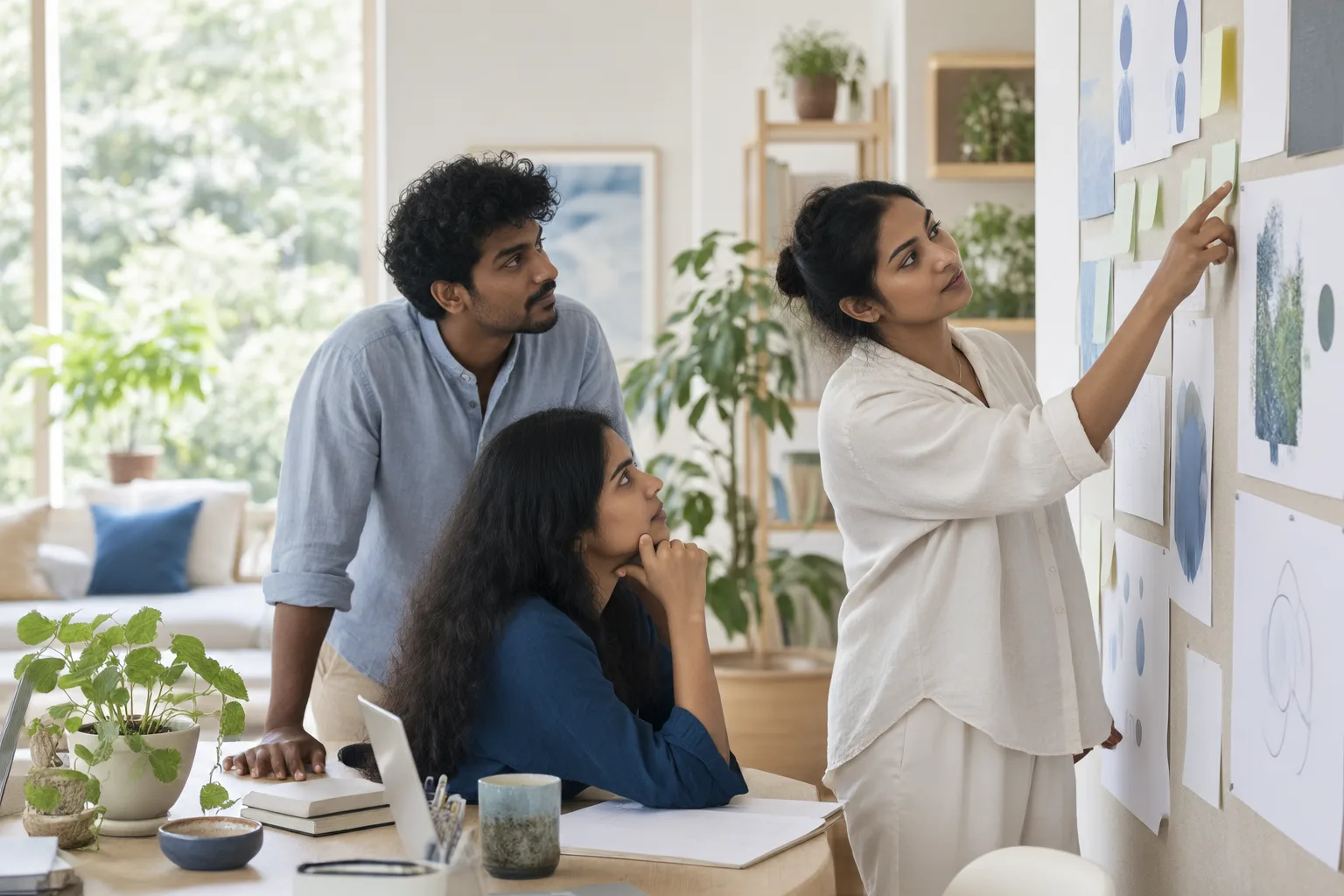 A small team shaping new ideas around a wall of sketches and notes