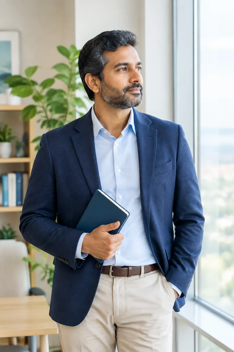 A calm leader by an office window with a notebook