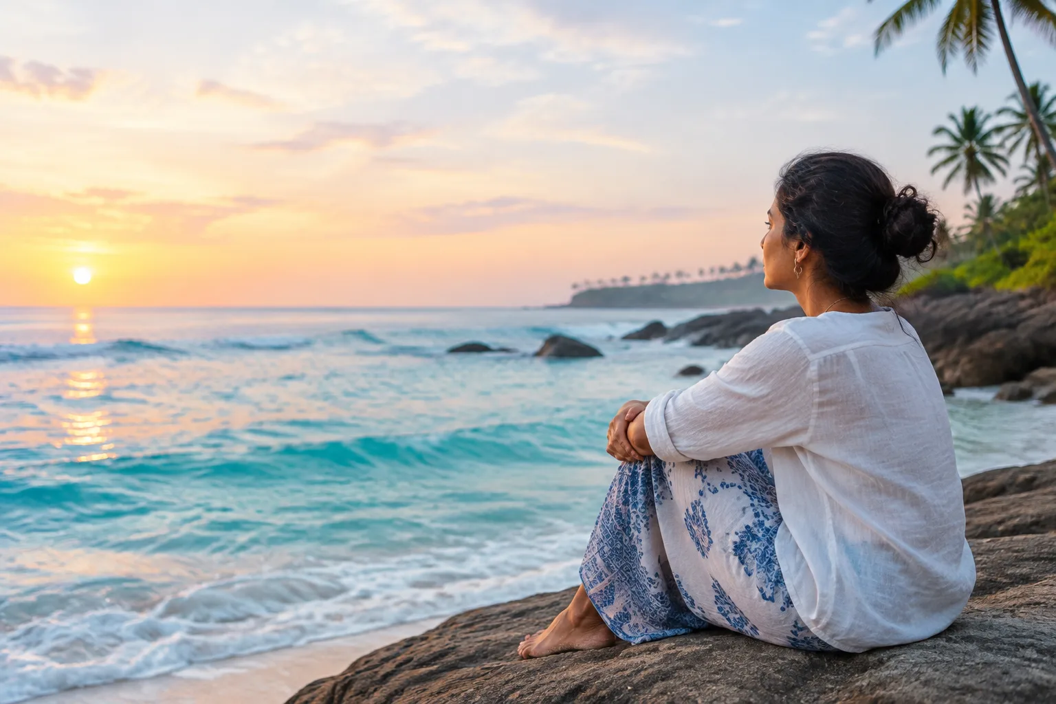 A woman on a rock by a calm turquoise ocean at sunrise