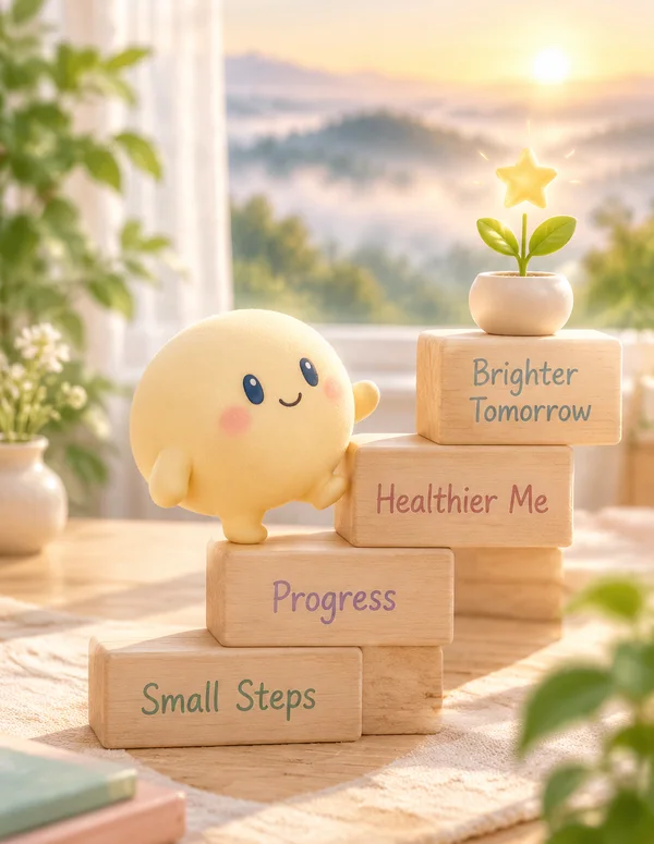 Appy climbing wooden steps reading Small Steps, Progress, Healthier Me, Brighter Tomorrow toward a sprout and a star