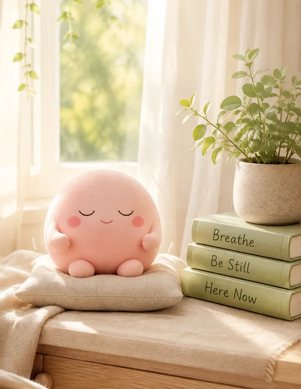Appy, the HappyUps buddy, resting with eyes closed on a cushion beside books reading Breathe, Be Still, Here Now