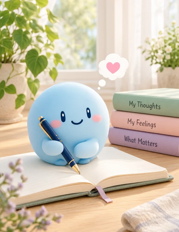 Appy writing in a journal with a heart thought bubble, beside books reading My Thoughts, My Feelings, What Matters